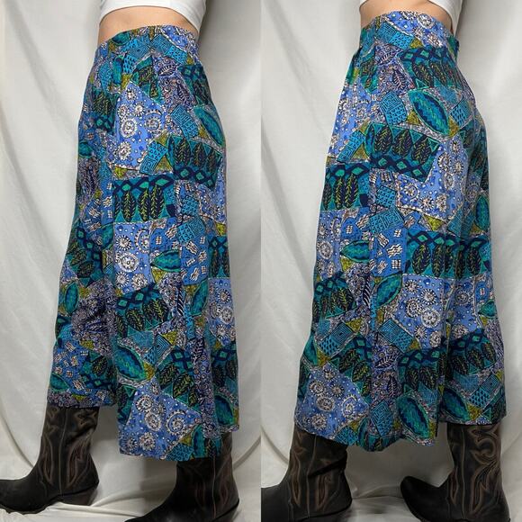 Vintage batik geometric patchwork print wide leg crop culotte palazzo pants blue - Picture 14 of 17